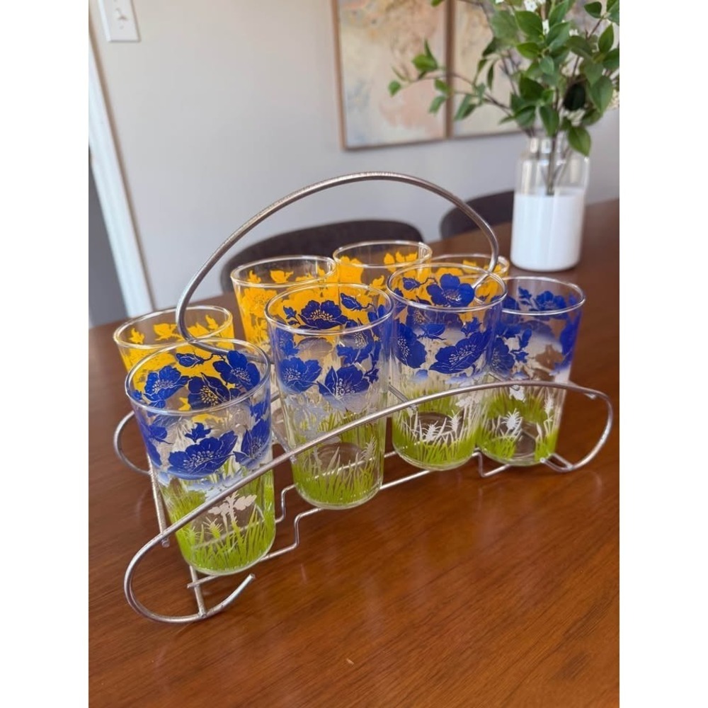 Vintage Mid Century MCM Floral Glasses (8) Yellow & Blue - Metal Carrier Caddy